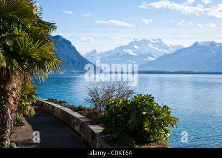 Una vista delle Alpi svizzere attraverso il lago di Ginevra da Montreux, Svizzera Foto Stock