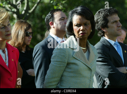 Il segretario di Stato Rice Condaleeza in corrispondenza di una giunzione premere ocnference tra il Presidente degli Stati Uniti d'America e il suo Foto Stock