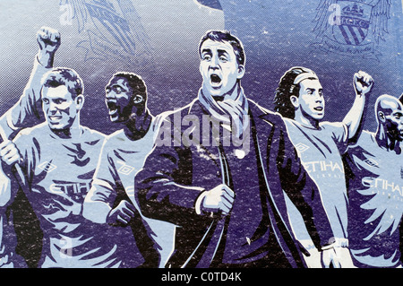 Dettaglio di una grande opera su una parete esterna a Manchester City's Etihad football Stadium in Inghilterra Foto Stock