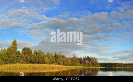 Serata di silenzio sul lago Ostrovzu, regione Rossony, Bielorussia Foto Stock