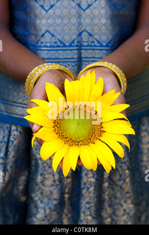 Giovane ragazza indiana holding di semi di girasole. Andhra Pradesh, India Foto Stock