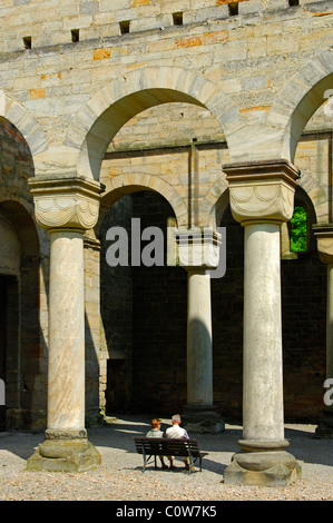 Colonnato di romanico colonne rotonde, ex monastero benedettino Paulinzella,Turingia, Germania Foto Stock