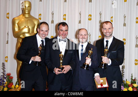 PAUL FRANKLIN CHRIS CORBOULD ANDREW LOCKLEY PETER BEBB 83RD ACADEMY AWARDS PRESS ROOM Kodak Theatre Hollywood USA 27 Februa Foto Stock