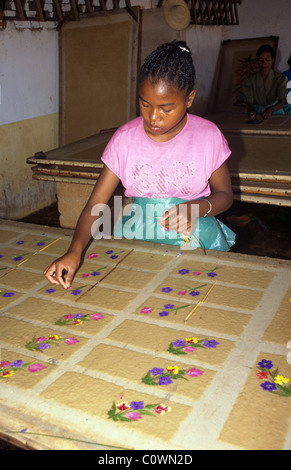 Produzione di carta tradizionale, Malgascio Donna luoghi Fiori secchi su carta artigianale Antaimoro, Ambalavao, Madagascar Foto Stock