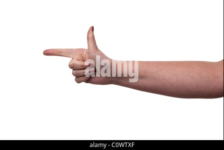 Womans di puntamento a mano isolata contro uno sfondo bianco Foto Stock