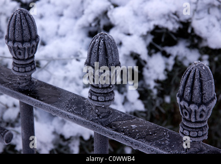 Frost oggetto decorativo recinzione metallica finials dimostrare la limitata profondità di campo Foto Stock