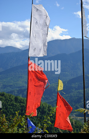 Bandiere di preghiera sul percorso di trekking al monastero di Taktsang. Foto Stock