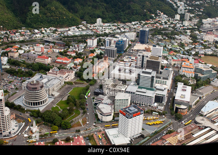 Parte del CBD di Wellington compresi gli edifici del Parlamento come visto da sopra. Foto Stock