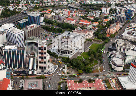 Parte del CBD di Wellington compresi gli edifici del Parlamento come visto da sopra. Foto Stock