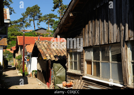 Oyster farmer's case nel villaggio de l'herbe, Cap Ferret, Dipartimento della Gironde, Francia Foto Stock