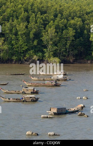 Asia, Vietnam, Ho Chi Minh City (aka Saigon). Vedute lungo il Fiume Saigon di tipico del pescatore houseboat. Foto Stock