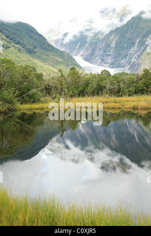 Vista del Ghiacciaio Franz Josef con riflessioni di Pietro piscina Nuova Zelanda Foto Stock