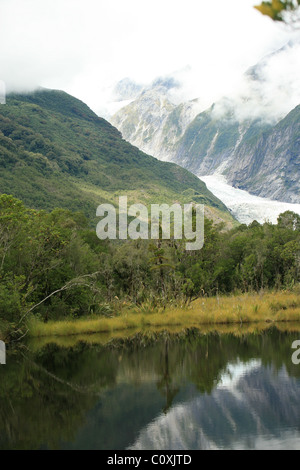 Vista del Ghiacciaio Franz Josef con riflessioni di Pietro piscina Nuova Zelanda Foto Stock