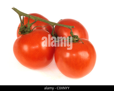 Produzione biologica pronto a mangiare sano mature succosi pomodori a grappolo con nessun popolo contro uno sfondo bianco con un tracciato di ritaglio Foto Stock