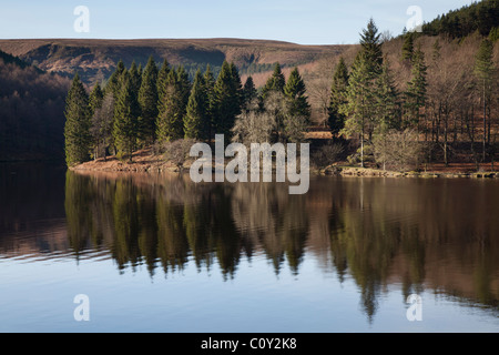 Parte superiore della valle del Derwent serbatoio con riflessi di alberi e colline in scena di campagna Foto Stock