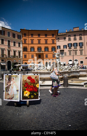 Gli artisti della pittura e fontana di Piazza Navona Roma Foto Stock