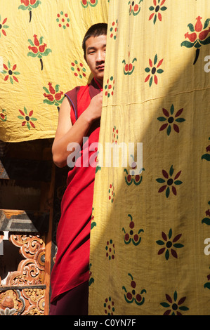 Giovane monaco buddista coetanei intorno a un telo nel monastero di preparazione per l'apertura di un festival dance in Trongsa, Bhutan Foto Stock