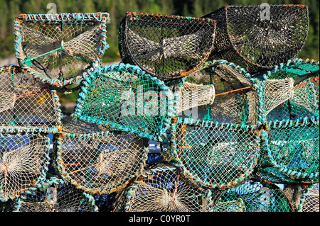 Aragosta impilati cantre / trappole in Plockton Harbour, Highlands, Scotland, Regno Unito Foto Stock