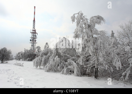 La radio e la televisione torre del trasmettitore sul vertice di Sitno (Stiavnicke vrchy), il picco vicino alla Città di Banska Stiavnica. Foto Stock