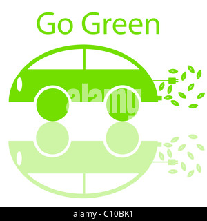 Go Green Eco Friendly auto elettrica con spina elettrica e foglia illustrazione Foto Stock