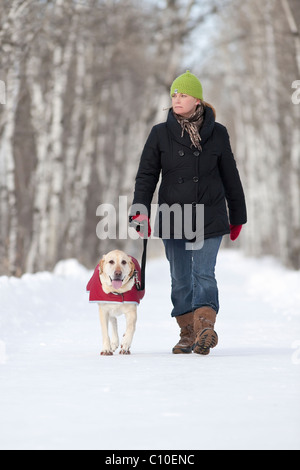 Donna che cammina il suo cane su una coperta di neve il percorso. Assiniboine foresta, Winnipeg, Manitoba, Canada. Foto Stock