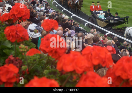 HRH Queen Elizabeth II arriva al Royal Ascot Race Course, Ascot, Regno Unito, giovedì, 18 giugno 2009. Foto Stock