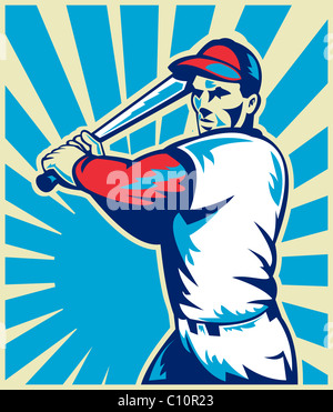 Illustrazione di un giocatore di baseball bat di contenimento con sunburst in background imposta cerchio interno fatto rétro xilografia stile. Foto Stock