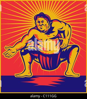 Illustrazione di un lottatore di Sumo accovacciato rivolto verso la parte anteriore con sunburst in fatto di sfondo rétro xilografia stile. Foto Stock