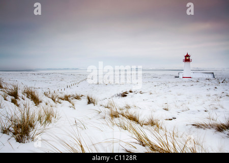 La neve sulla isola di Sylt al Ellenbogen al Lighthouse West, Schleswig-Holstein, Germania, Europa Foto Stock