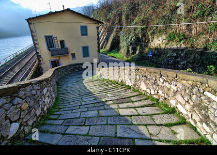 Dettaglio del Ponte del Diavolo, un famoso punto di riferimento nella campagna di Lucca, Italia Foto Stock