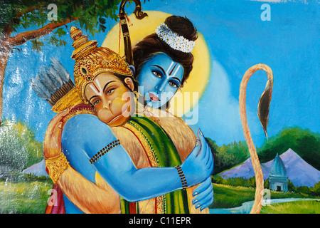 La pittura di Hanuman con il dio Rama, Srivilliputhur Andal tempio , Tamilnadu, Sud India, India, Asia Foto Stock