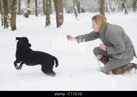 Ragazza in tweed il prelievo su uno scivolo nella neve Foto Stock