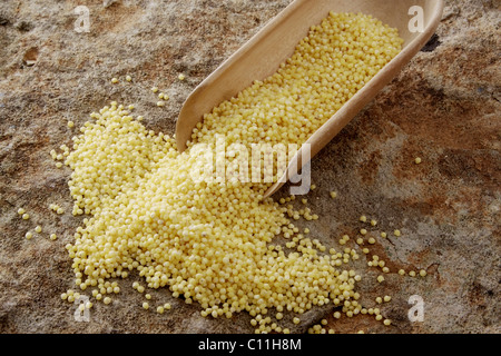 Miglio (Panicum miliaceum) con una pala di legno sulla superficie di pietra Foto Stock