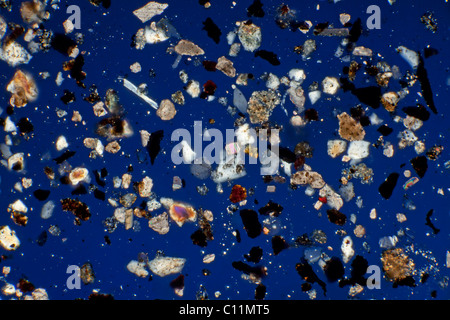 Islanda ceneri vulcaniche Eyjafallajokull, croce fotomicrografia polarizzati Foto Stock