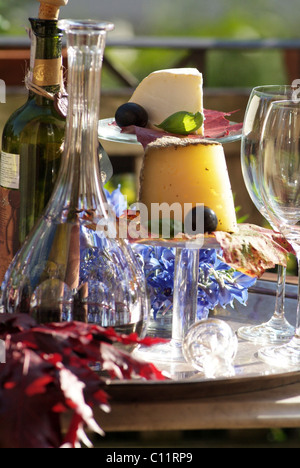 Ancora vita con formaggio, vino caraffa e bicchieri in autunno atmosfera su una soleggiata terrazza Foto Stock