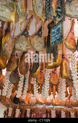 Prosciutto appesi al soffitto in un negozio di gastronomia, Norcineria Falorni, Greve, Chianti, Toscana, Italia, Europa Foto Stock