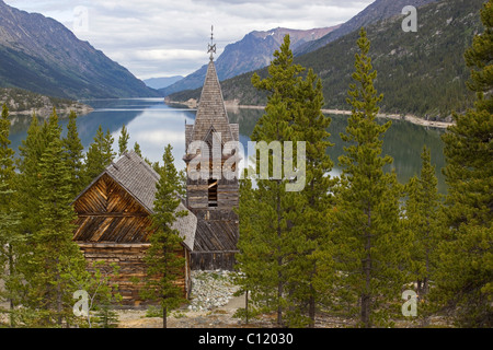 Storica St Andrews chiesa di legno, Lake Bennett dietro, Bennett City, Klondike Gold Rush, Chilkoot Trail, Chilkoot Pass Foto Stock