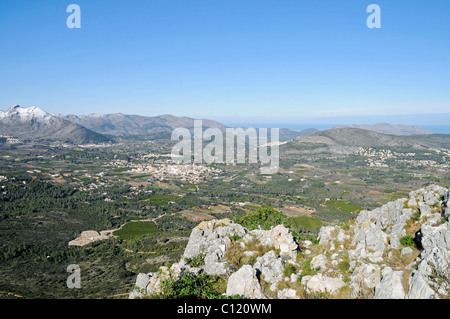 Panoramica, vista panoramica da Col de le tariffe, montagne, Parcent, città di Vall de pop, pop valley, Marina Alta regione Foto Stock