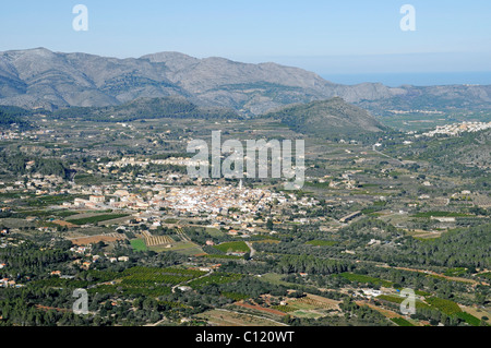 Panoramica, vista panoramica da Col de le tariffe, montagne, Parcent, città di Vall de pop, pop valley, Marina Alta regione Foto Stock