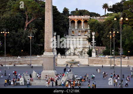 Obelisco, la terrazza del Pincio, gruppo di statue, dea Roma tra il Tevere e Aniene, Piazza del Popolo, Roma, Lazio, l'Italia, Europa Foto Stock