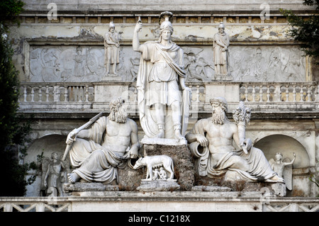 Gruppo di statue, dea Roma tra il Tevere e Aniene, Piazza del Popolo, Roma, Lazio, l'Italia, Europa Foto Stock