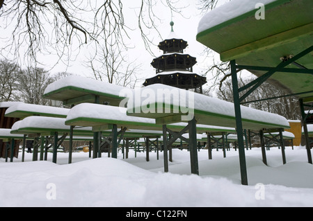 Giardino della birra presso la Chinesischer Turm torre in inverno, Parco Englischer Garten, Monaco di Baviera, Germania, Europa Foto Stock