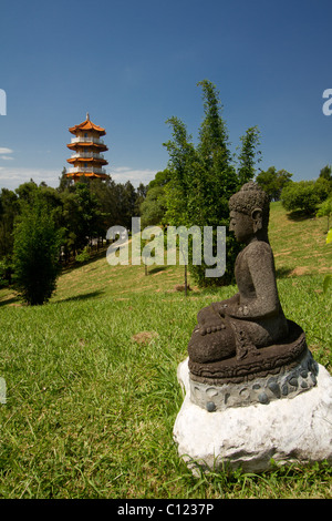 Statua di Buddha e distante pagoda. Foto Stock