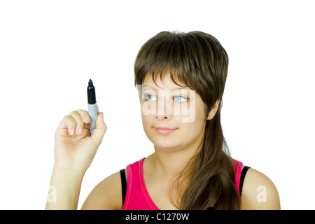 Giovane e bella blu-eyed ragazza con un pennarello nero Foto Stock