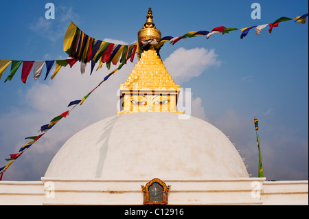 Tradizionale stile nepalese stupa con bandiere di preghiera in un convento bhutanesi in Punakha, Bhutan Foto Stock