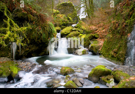 40,158.06254a un piccolo torrente con cascate scorre verso il basso di un roccioso inverno creek bed, ghiaccio di congelamento in strane forme artistiche, rocce verdi con MOSS. Foto Stock