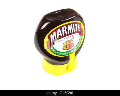 Vaso di marca di marmite estratto di lievito diffusione isolata contro uno sfondo bianco con un tracciato di ritaglio e nessun popolo Foto Stock