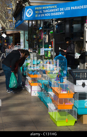 Bancarella vendendo uccelli lungo Las Ramblas avenue barcellona catalogna Spagna Europa Foto Stock