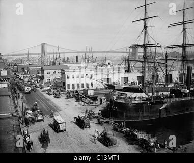 A cavalli carri express navi ormeggiate e piloni a New York City South Street Seaport New York in 1901. LC-D4-12681 Foto Stock