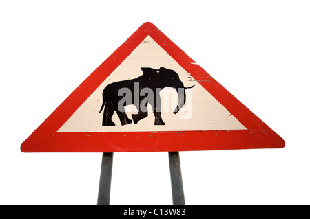 Segno di avvertimento su strada che gli elefanti possono attraversare la strada in Namibia Foto Stock